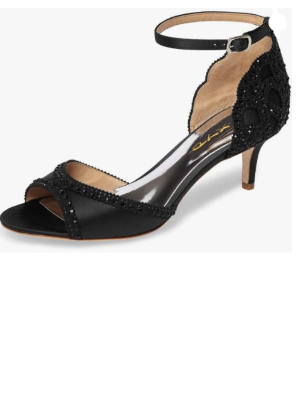 XYD Black Sandals Peep Toe D'Orsay Kitten Heel Rhinestone  Ankle Strap Shoes
